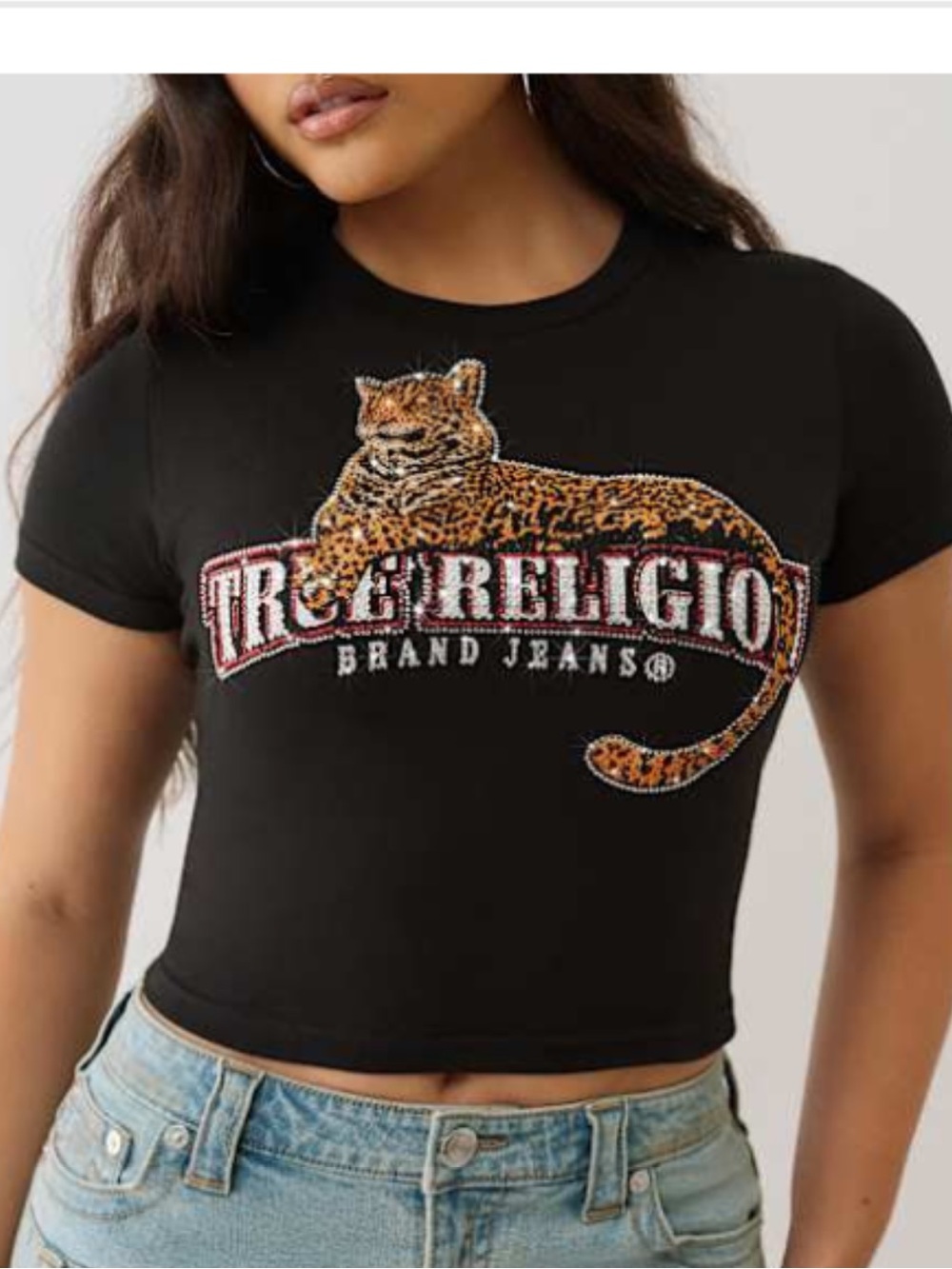 True Religion Crystal Leopard Logo Black Tee